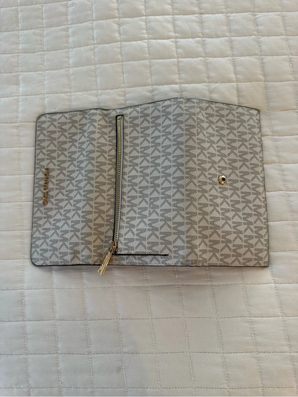 Michael Kors Taupe Signature MK Clutch with Gold Logo